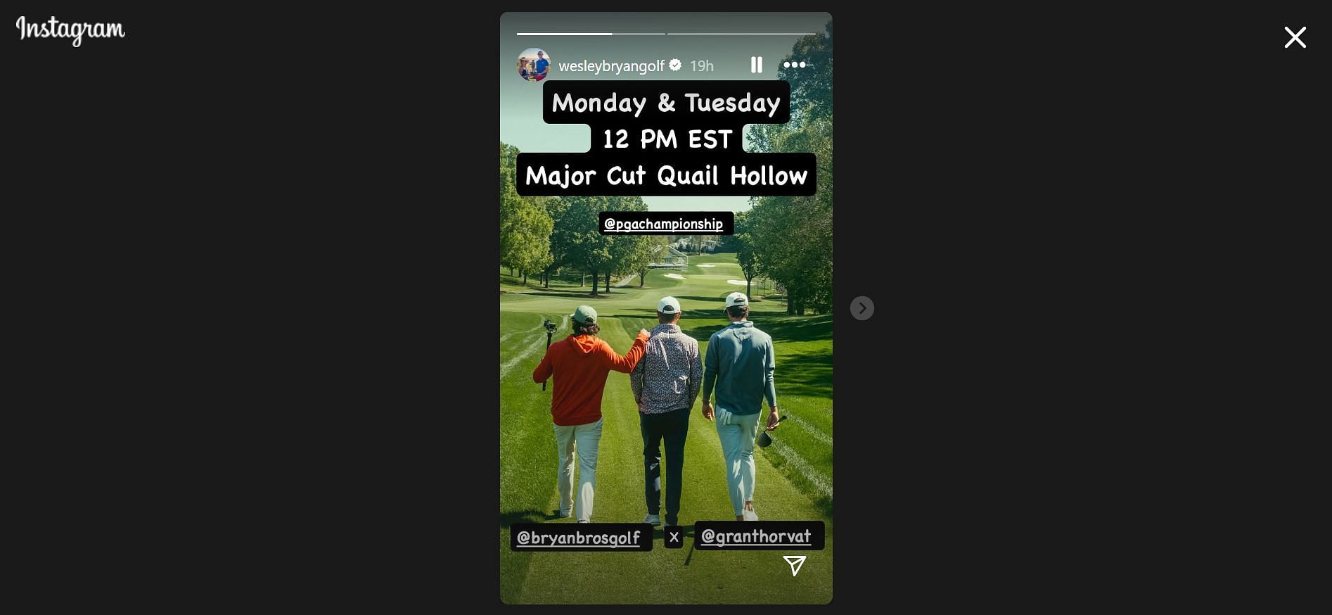 Wesley Bryan's announcement on the new show (Image Credit: IG @wesleybryangolf)
